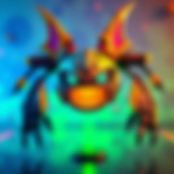 A colorful art piece labeled D.mon, featuring unique shapes and a mech background that captivates viewers.