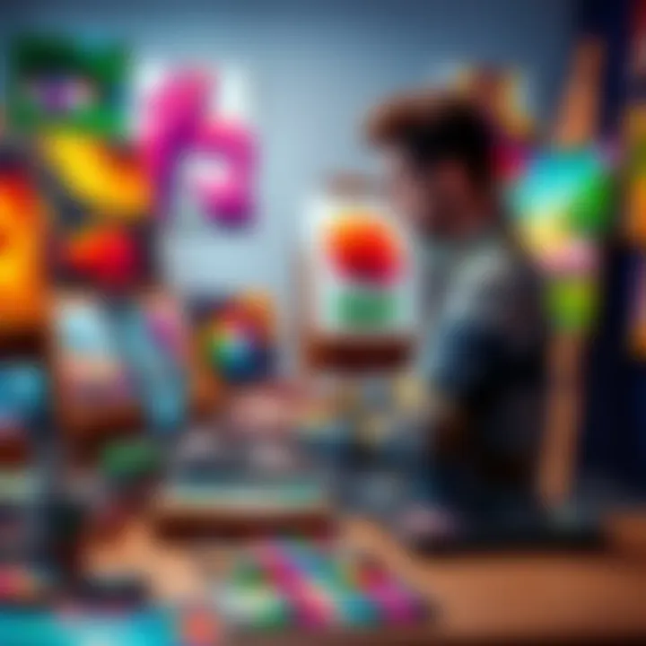 An artist calculating prices for their artwork on a laptop with colorful paintings displayed around them