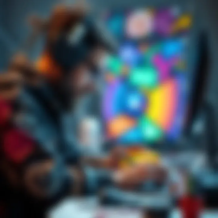 An artist creating innovative art using digital tools, with a computer and colorful artwork in the background, showcasing the blend of creativity and technology.