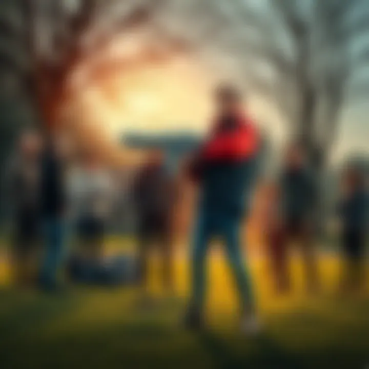 Arthur stands in a local park, holding a futuristic ray gun while a group of concerned people gather around him, expressing worry and curiosity about the discovery.