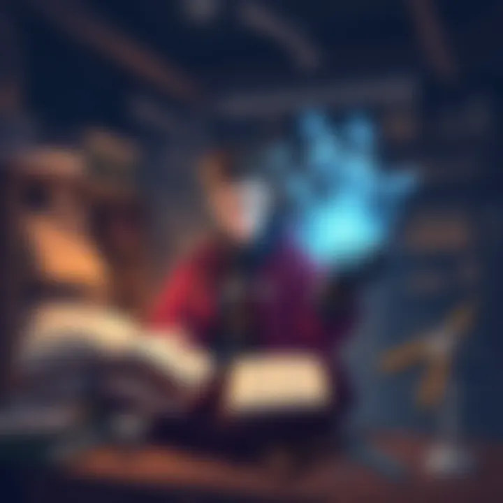 An illustration showing an artificer character working on a magical gadget in a fantasy setting, surrounded by books and tools.