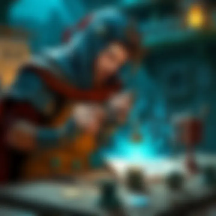 An artificer character draws magical glyphs with artisan tools in a fantasy setting.