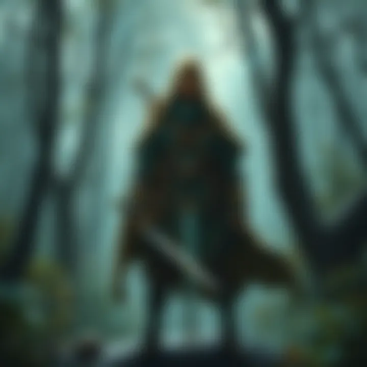 A fantasy artificer character, wearing robes and holding magical tools, standing in a forest with a sword at their side, surrounded by mystical energy.