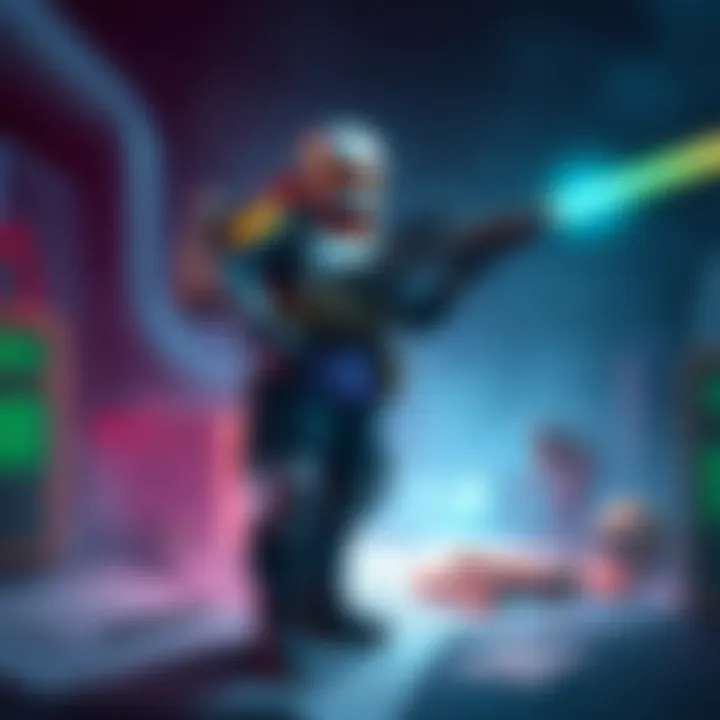 An Artificer character stands confidently, holding a futuristic laser rifle, surrounded by mechanical gadgets and blueprints.