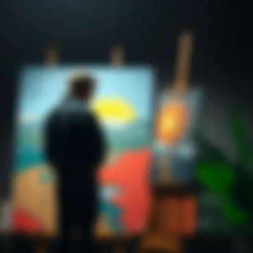 A skilled artist looks at their painting with a critical expression while standing next to a less skilled artwork, highlighting feelings of doubt and complexity in the art community.