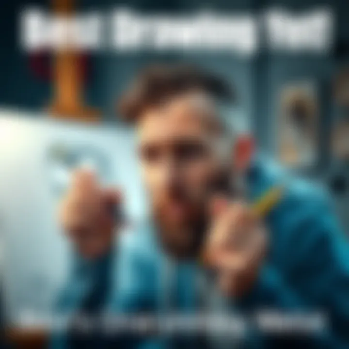 An artist looks at their latest drawing, showing a mix of pride and frustration while holding a pencil in hand.