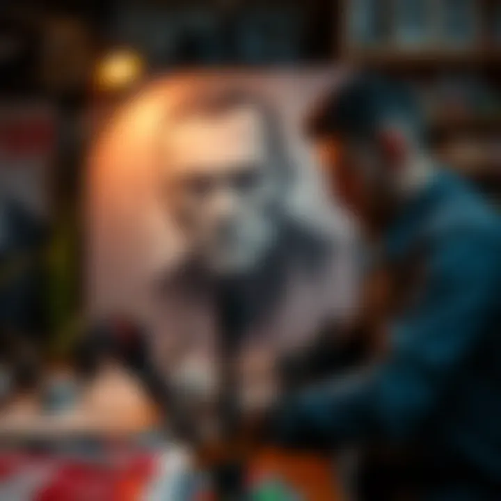 An artist working on a detailed portrait of a notorious killer, surrounded by sketches and paints in their studio