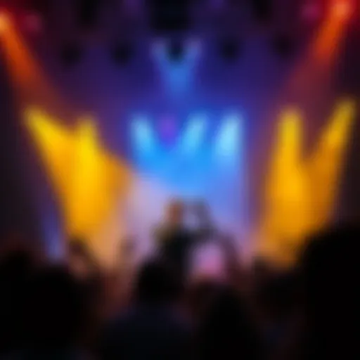 An artist passionately singing on stage with vibrant lights and an engaged audience.