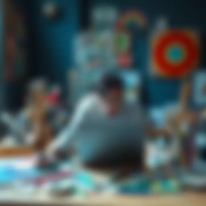 A person posting a request on a forum to identify an artist, surrounded by art supplies and a laptop.