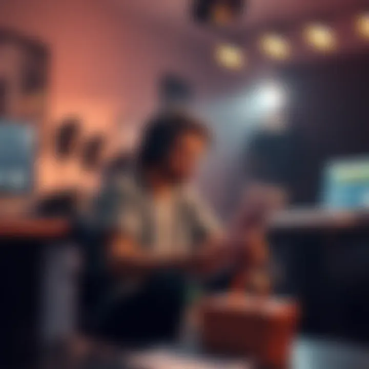 An artist sitting in a studio, looking thoughtful while reviewing notes about their completed album.