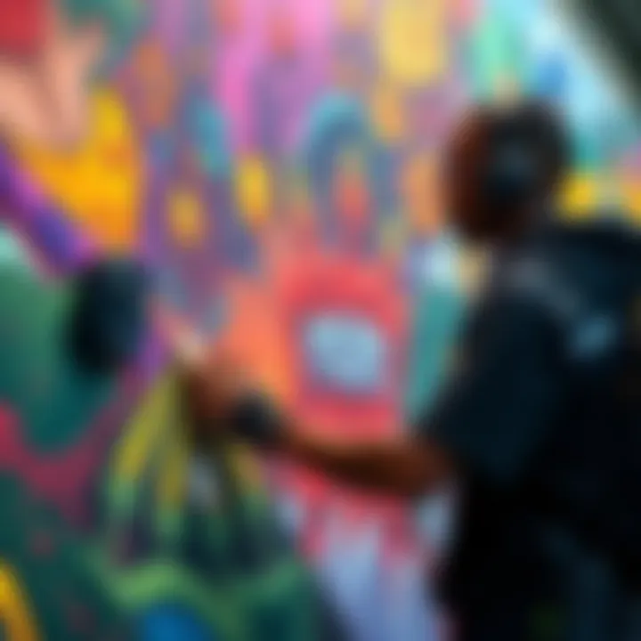 An artist creating a colorful mural inspired by video game characters and environments, showcasing a fusion of gaming and artistic expression.