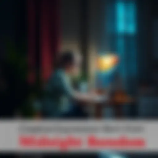 Person painting at a desk surrounded by art supplies under soft light in a quiet room at night