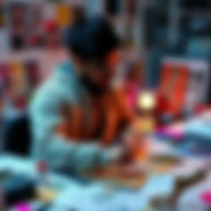 An artist works on an innovative creative project, surrounded by colorful materials and sketches.