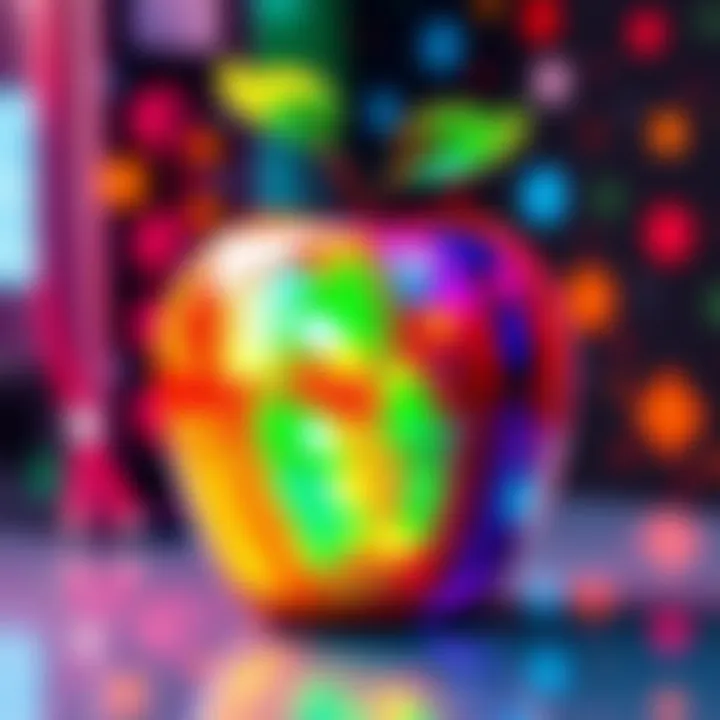 A colorful apple artwork inspired by video games, showcasing vibrant colors and imaginative design elements, reflecting the artist's creative process.
