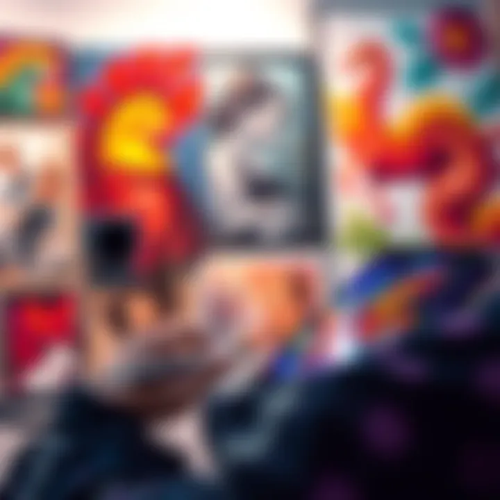 An artist works on a digital tablet showcasing Displate's new upload tools while surrounded by colorful artwork.
