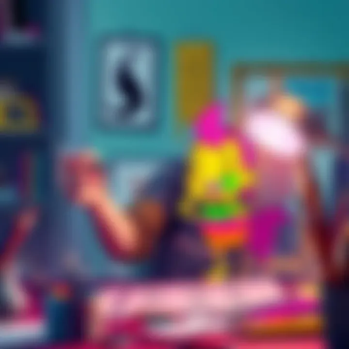 An artist happily illustrating a colorful character with vibrant colors, surrounded by art supplies and sketches.