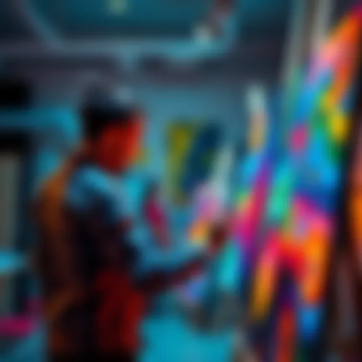 Artist finalizing a painting A focused artist puts the finishing touches on a colorful painting in a studio, symbolizing the completion of a creative project.