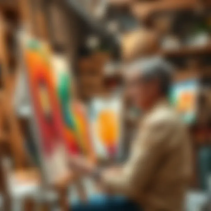 An artist is focused, painting a colorful canvas in a bright studio filled with tools and inspiration.