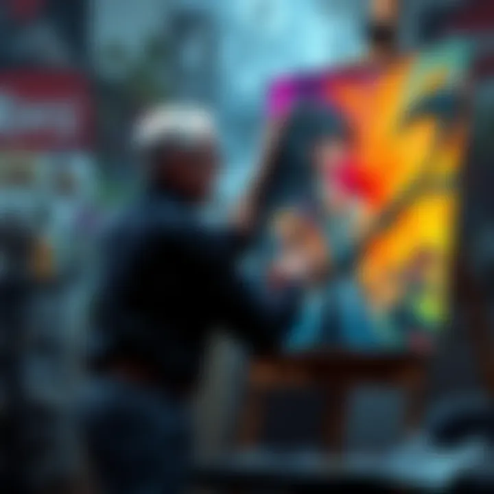 An artist works on a canvas, painting female heroes from DOTA2 with vibrant colors and dynamic poses.