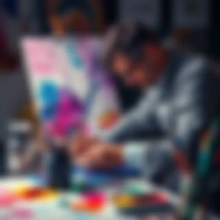 Artist working with ink and watercolor An artist practices parrying techniques using ink and watercolor on a canvas, surrounded by colorful paints and brushes.