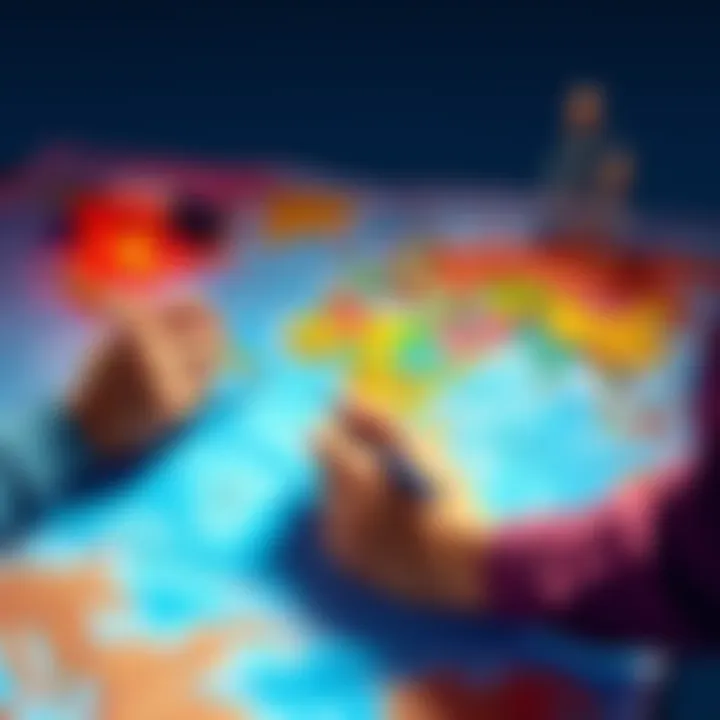 A colorful illustration of hands drawing and painting on a large map, blending artistic styles with traditional mapping techniques, showcasing creativity and structure.