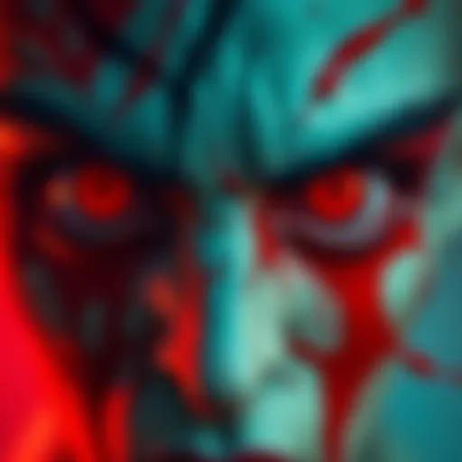 A close-up of a striking art piece featuring bloodshot eyes and a gory mouth, showcasing bold lines and vivid colors, reflecting horror inspiration.