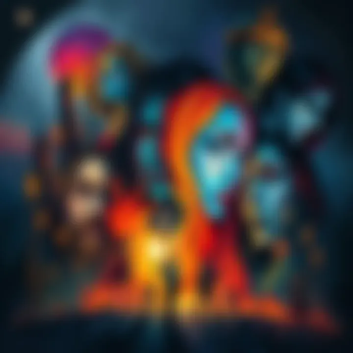 A colorful painting illustrating various story endings with characters and symbols representing different emotions.