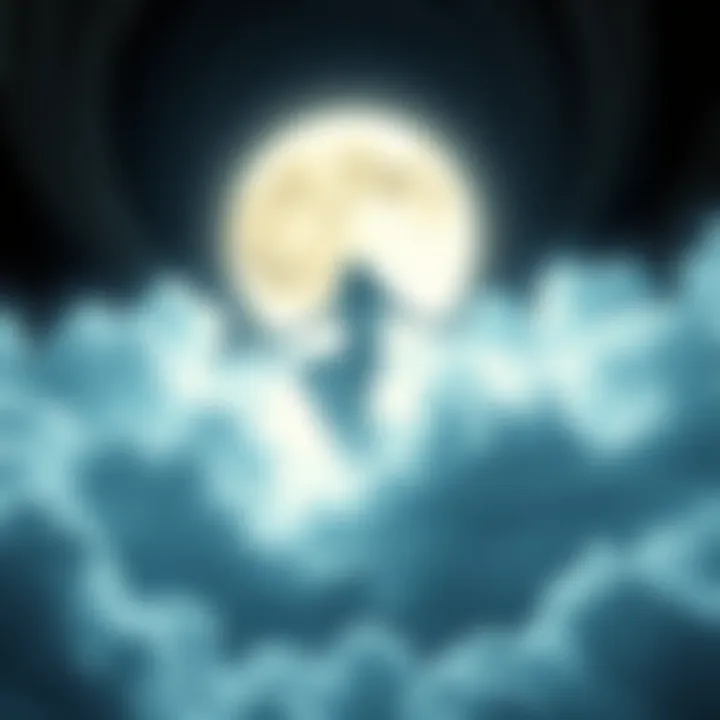 A glowing figure representing Selene, the moon goddess, surrounded by swirling clouds and stars, illuminating the night sky.
