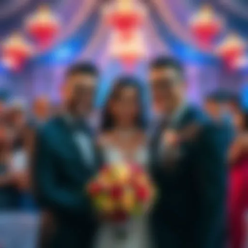 Artour and his partner smiling at their wedding ceremony surrounded by friends and family
