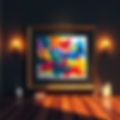 A framed artwork displaying a colorful painting enhanced by a finely crafted border, showcasing the blend of artistry and craftsmanship.