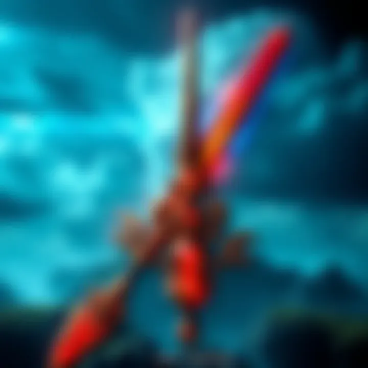 A detailed view of the Ascendance Great Sword featuring ornate designs and glowing elements, set against a fantasy landscape.