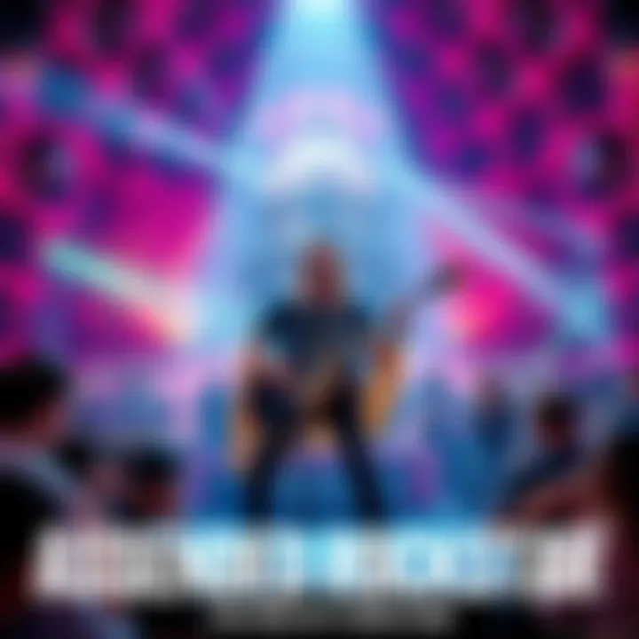 The Ascended Rockstar playing guitar in a vibrant temple setting, surrounded by fans enjoying the music.