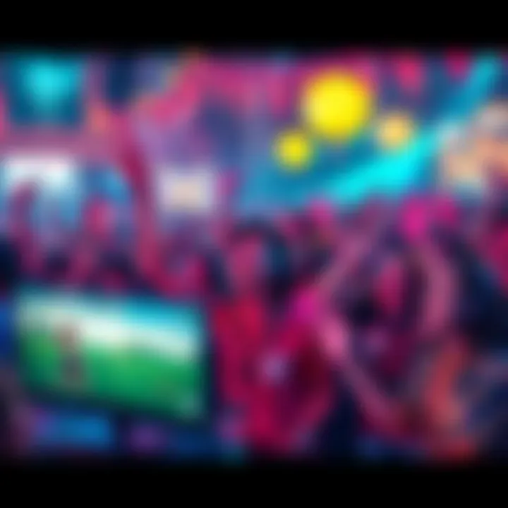 A vibrant scene showcasing fans excited for Asha and popular upcoming games like Doom, Diablo, and Starcraft with gaming consoles and decorations around.