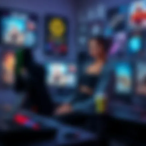 Asha Sharma reviewing gaming advertisements while seated at a desk with gaming posters and equipment around her