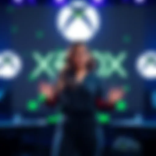 Asha Sharma standing in front of a backdrop with Xbox logos, sharing news about new exclusive games for Xbox.
