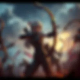 Ashe, a character with a bow, takes aim with focus while standing on a battlefield, ready to shoot at an enemy.