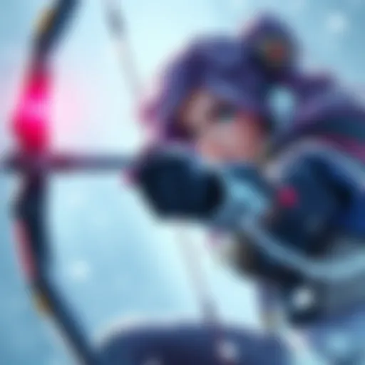 Ashe, a popular character in gaming, shown aiming her bow with a snowy background, representing her icy theme.