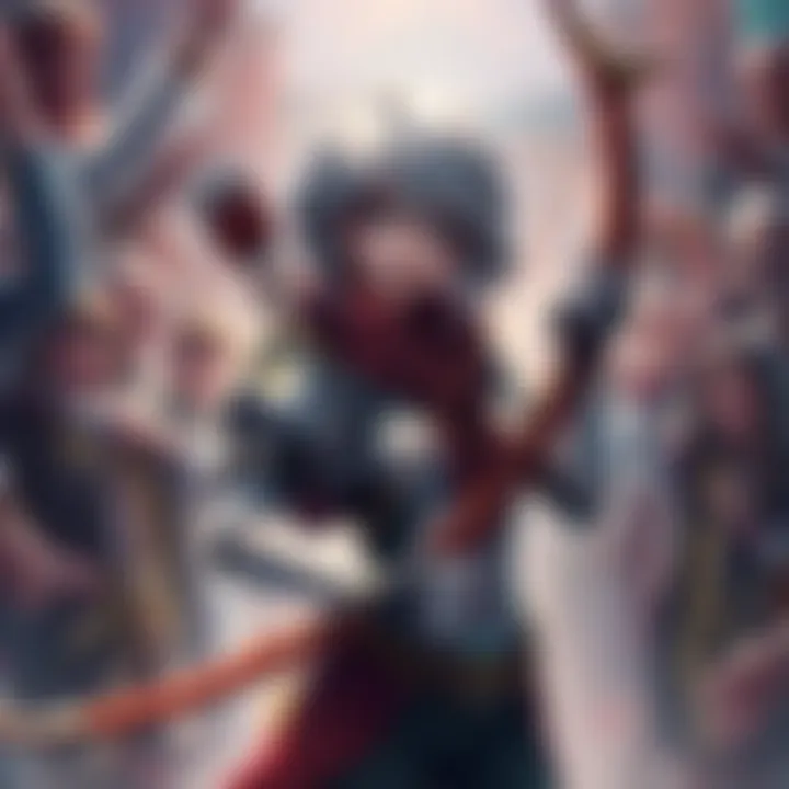 Ashe, a popular game character, poses with a confident expression while holding her bow, surrounded by energetic fans discussing voice lines.