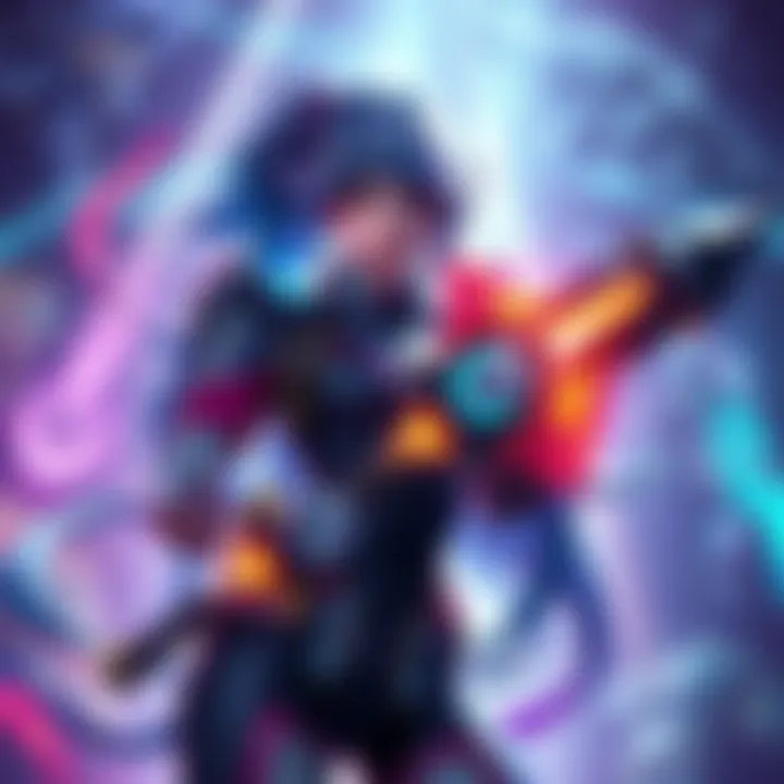 Character Ashe holding her mythic weapon, showcasing various skins in the background as players discuss their favorites on forums.