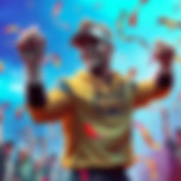 A character named Ashe poses triumphantly after a game win, showing confidence and attitude, amidst a colorful background.