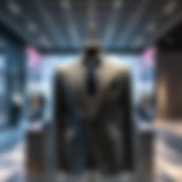 Ashen Suit on Display A stylish ashen suit displayed on a mannequin in a modern setting, highlighting its unique color and design.