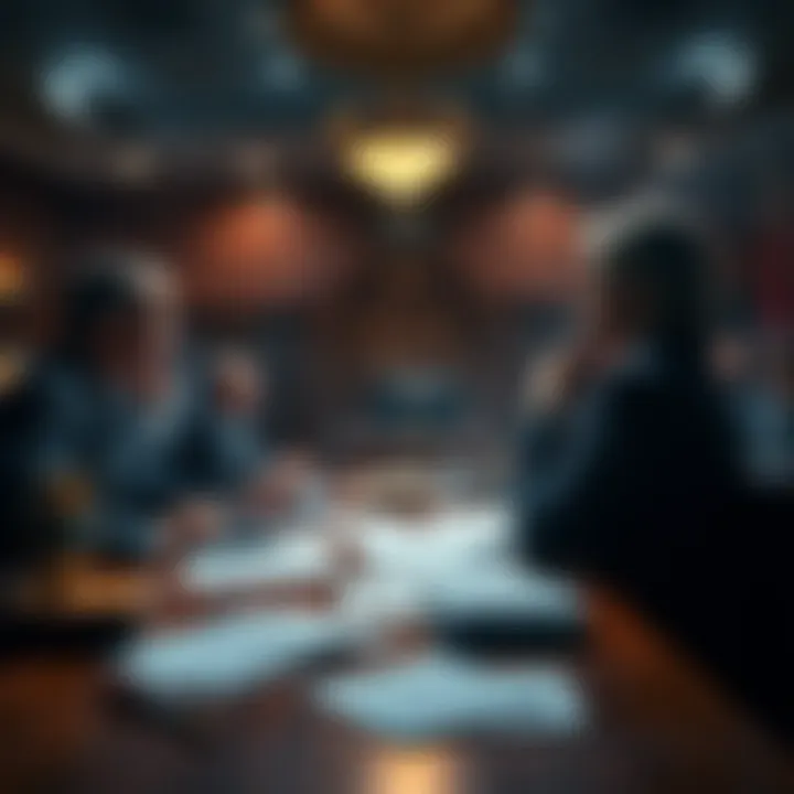 A courtroom scene highlighting lawyers discussing the Ashes of Creation case, with papers and documents scattered on the table