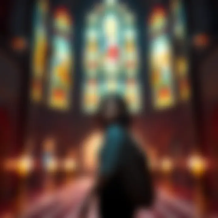 A character named Ashley is found in a church, surrounded by beautiful stained glass windows, creating a vibrant atmosphere.