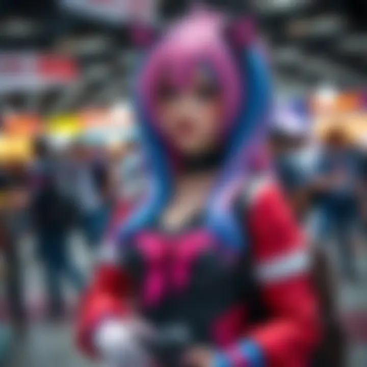 A fan dressed as Ashley, showcasing detailed cosplay with vibrant colors and accessories, enjoying a convention atmosphere.