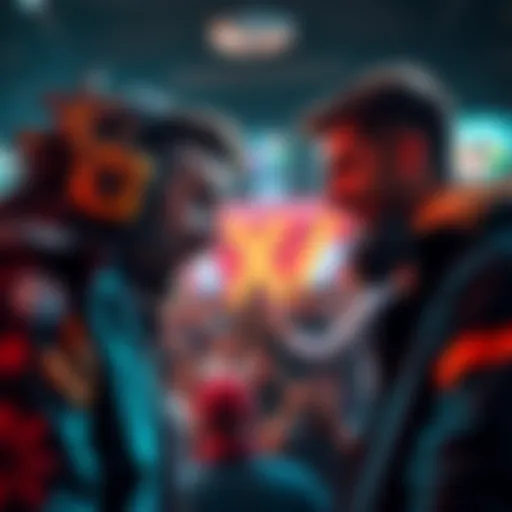 Asmongold and Hasan Piker facing off during an intense end of stream event, with a crowd of excited viewers in the background