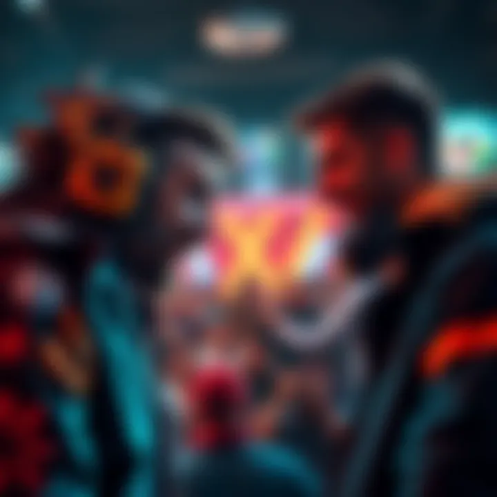 Asmongold and Hasan Piker facing off during an intense end of stream event, with a crowd of excited viewers in the background