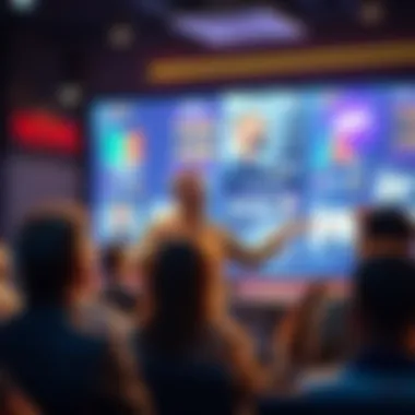 Asmongold animatedly discussing his new idea with an audience in a virtual setting, sparking lively debate among people in online forums.