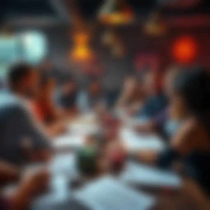 Aspec DnD Campaign Discussion A group of people gathered around a table with DnD character sheets and dice, discussing campaign ideas with enthusiasm.