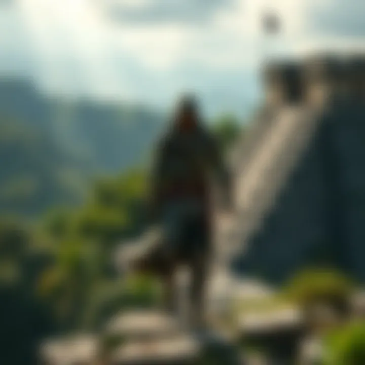 A figure in a hooded cloak stands on ancient Aztec ruins surrounded by lush greenery and distant mountains.