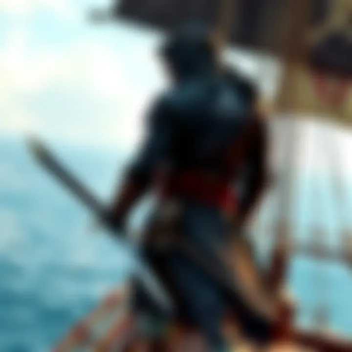 A pirate assassin stands on a ship's deck, looking out over the ocean with a sword drawn, capturing the essence of Assassin's Creed: Black Flag.
